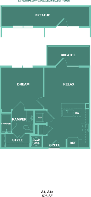Floor plan for 1 bed, 1 bath, 528 sqft